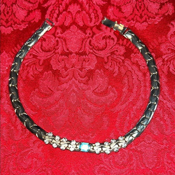 Vintage Mid-Century Blue & Clear Stone Statement Collar Necklace 14” Retro Choke